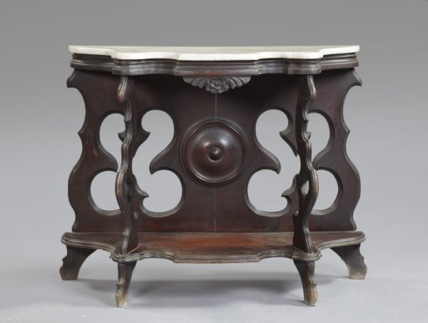 American Rococo Revival Walnut Console Table: American Rococo Revival Walnut and Marble-Top Console Table, third quarter 19th century, the back and front supports scroll cut and having molded edges, the top retaining its conforming white marble d