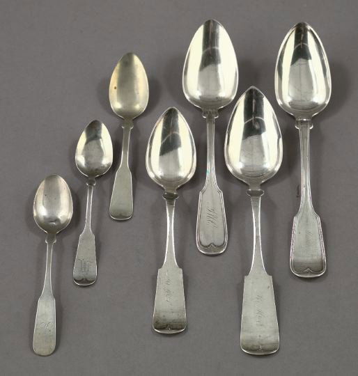 American and Continental Silver Flatware: Interesting Nineteen-Piece Collection of American and Continental Silver Flatware, comprised of a James A. Webb (1788-1844), Baltimore, "Fiddle" tablespoon and a matching soup spoon, second quarter 19