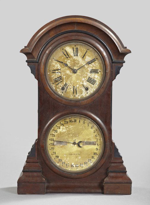 Attractive Seth Thomas Calendar Mantel Clock,: Attractive Seth Thomas Calendar Mantel Clock, bearing a patent date of February 15, 1876, in the Late Classical taste, with double dial and parcel-ebonized calendar, the upper hour dial with black Rom
