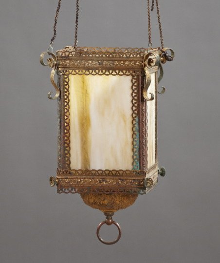 Anglo-American Rose-Gilded Brass Hall Lantern: Handsome Anglo-American Rose-Gilded Brass Hall Lantern, fourth quarter 19th century, of square section in the Aesthetic taste, embossed and reticulated, retaining the period suspension chains, gilt su
