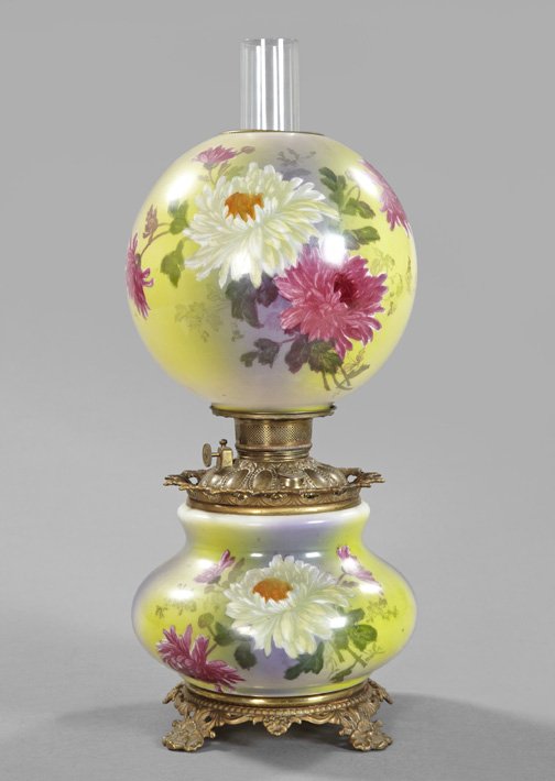 American White Opal Glass Kerosene Parlor Lamp: American White Opal Glass Kerosene Parlor Lamp, fourth quarter 19th century, of large size and of the "Gone with the Wind" type, gilt-brass mounted and polychromed, now electrified, the glass shade an