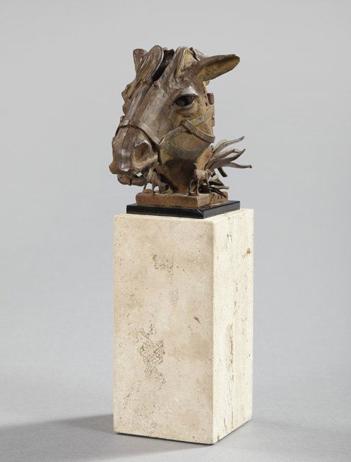 Ted Gall (American, b. 1941): Ted Gall (American, b. 1941) "Facets", a bronze sculpture, signed "T. Gall", on a black marble base above a travertine pedestal, h. 11-1/2".