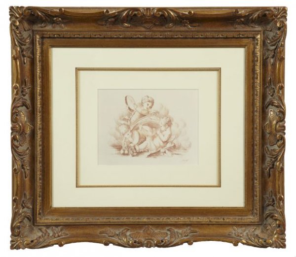Manner of Francois Boucher (French, 1703-1770): Manner of Francois Boucher (French, 1703-1770) "Putti Playing Musical Instruments", giclee print, signed "Mlatty" lower right, sight 9" x 12". Glazed, double-matted and presented in a Louis XV-style g
