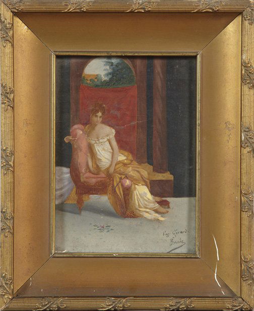 After Francois Pascal Simon Gerard (French): After Francois Pascal Simon Gerard (French, 1770-1837) "Madam Recamier", oil on paper laid over canvas, early 20th century, signed lower right "Sagr. Geran Renee", 7-1/2" x 5-1/2". Presented in a mold