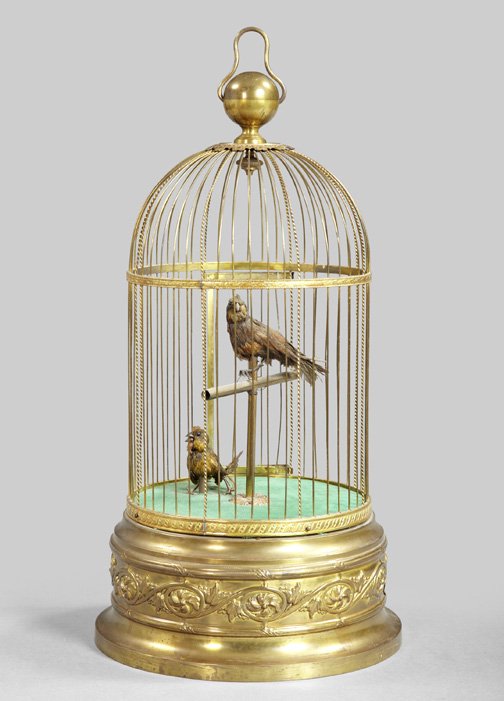 French Antique-Gilded Brass Bird Automaton: French Antique-Gilded Brass Singing Bird Automaton, fourth quarter 19th century, of large birdcage form, fitted with a pair of brown-feathered birds, h. 20-1/4", dia. 11".