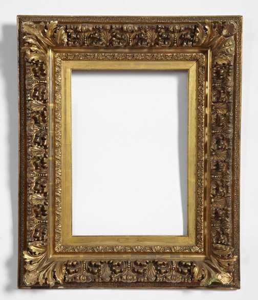 French Carved Giltwood and Plaster Picture Frame: Handsome French Carved Giltwood and Plaster Picture Frame, fourth quarter 19th century, in the Barbizon style, each corner with a boldly modeled acanthine leaf-tip, fitted with a period broad giltwood