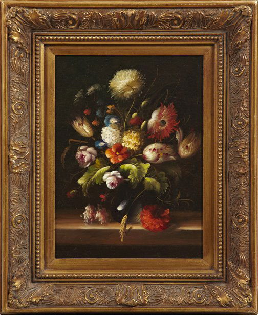 Dutch School (Contemporary): Dutch School (Contemporary) "Floral Still Life", oil on panel, unsigned, 16" x 12". Presented in a deeply molded giltwood and plaster frame.