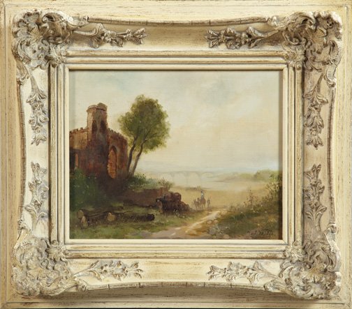 Continental School (20th Century): Continental School (20th Century) "Landscape with Castle Ruins", oil on panel, signed lower right "Tolden", 8" x 10". Presented in a Louis XV-style polychromed frame.