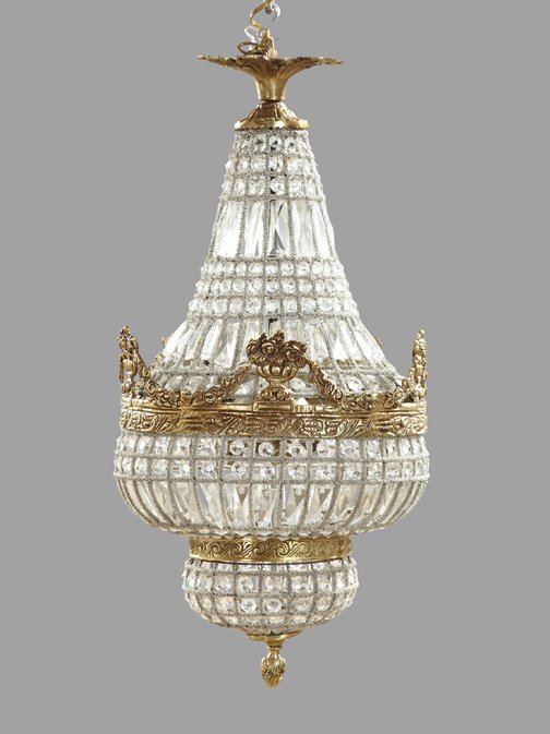 French Gilt-Brass and Cut Glass Chandelier,: French Gilt-Brass and Cut Glass Chandelier, first quarter 20th century, of attenuated stylized bell form, wrapped with silver glass micro-beads and dressed with cut glass jewels, the central circular 