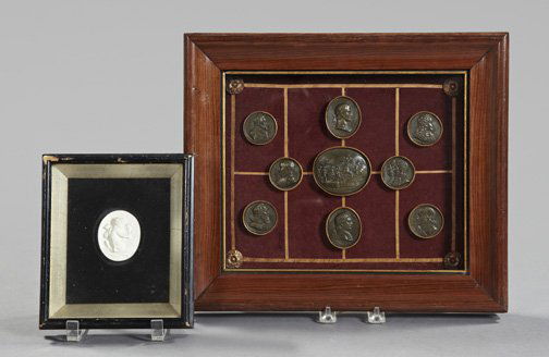 Collections of Plaster Medals and an Intaglio: Two Framed Collections of Plaster Medals and an Intaglio, first quarter 19th century, comprised of a handsome group of nine English bronzed plaster casts of antique medals, each of oval form, presente
