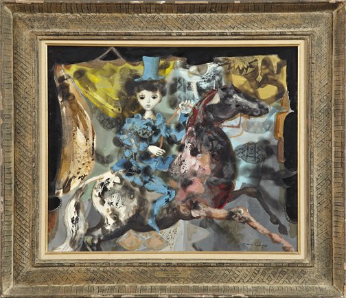 Jean Calogero (Italian, 1922-2001): Jean Calogero (Italian, 1922-2001) "Clown on a Horse", oil on canvas, signed lower right "Jean Calogero", 19" x 22". Presented in a stenciled polychromed frame.