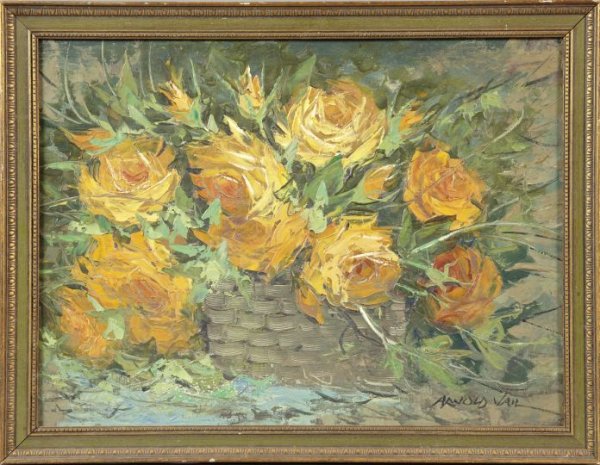 Arnold Vail (American, 1922-1995): Arnold Vail (American, 1922-1995) "Basket with Yellow Roses", oil on artist's board, signed lower right, 18" x 24". Presented in a polychromed frame.