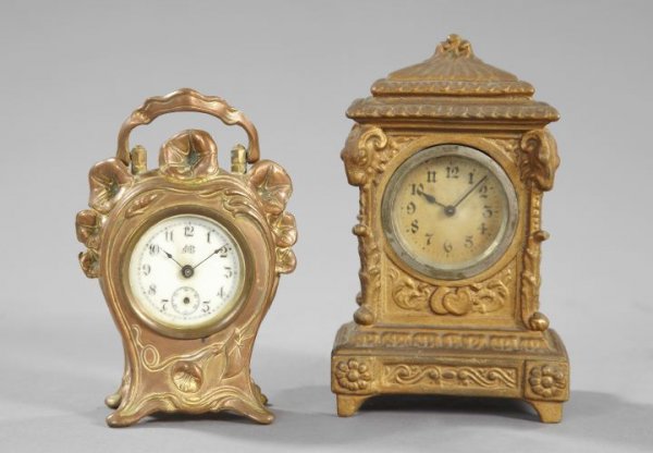 Group of Two Small Clocks,: Group of Two Small Clocks, one a small American gilded spelter table clock in the neoclassical taste, fourth quarter 19th century; and the other a small Jennings Brothers, Bridgeport, copper plated an