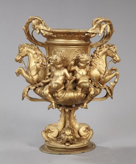 Patinated Spelter Equine-Handled Garniture Vase: Imposing Patinated Spelter Equine-Handled Garniture Vase, first quarter 20th century, in the Louis XVI taste, the prancing equine handles alternating with pairs of seated putti holding the horses' rei
