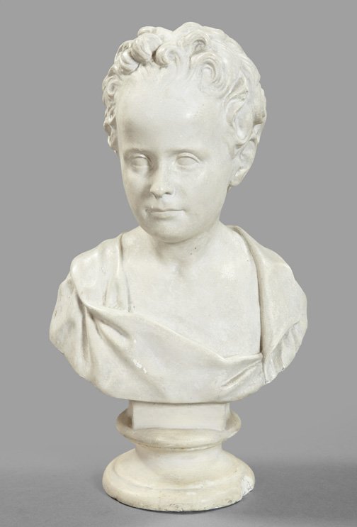 Good English Stone-Patinated Plaster Bust: Good English Stone-Patinated Plaster Bust of a Young Child, third quarter 19th century, h. 21-1/2", w. 12", d. 7".