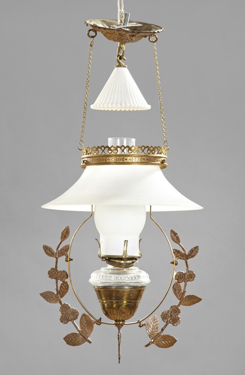 Diminutive French Kerosene Hanging Lamp,: Diminutive French Kerosene Hanging Lamp, fourth quarter 19th century, composed of gilded cast brass and white opal glass, now electrified, retaining the partially frosted blown glass chimney and the r