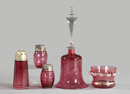 Group of Five English and Continental Glass Items: Group of Five English and Continental Glass Items, consisting of a fine and rare "Bristol" cranberry glass bell with a tall colorless glass handle, first quarter 19th century; a good English silverpla