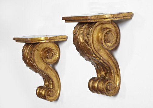 Italian Antique-Gilded Wood Bracket Shelves: Large Pair of Italian Carved and Antique-Gilded Wood Bracket Shelves, in the neoclassical style, the rectangular shelves with incurvate corners, h. 14", w. 10-3/4", d. 7-1/4".