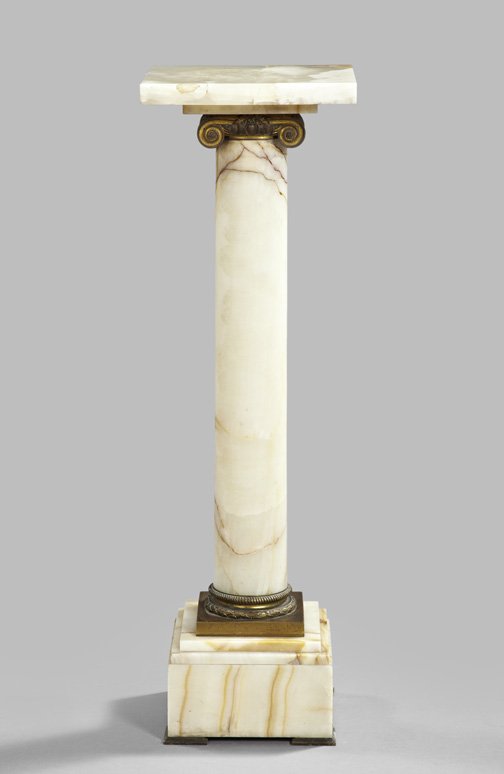 Belle Epoque Caramel Alabaster Columnar Pedestal: Belle Epoque Caramel Alabaster Columnar Pedestal, first quarter 20th century, of Ionic form with antique-gilded bronze mounts, the matching top of square form, h. 43", w. 13", d. 13".