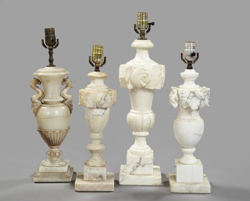 Italian Carved Alabaster Table Lamps: Four-Piece Collection of Italian Carved Alabaster Table Lamps, second quarter 20th century, comprised of a tall vasiform example with a broad shoulder border of roses and stylized leaves; a slightly s