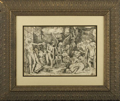 After Baccio Bandinelli (Italian, 1488-1560): After Baccio Bandinelli (Italian, 1488-1560) "Skeletons", engraving after Marco dente da Ravenna, sight 10-3/4" x 16". Glazed, double matted and presented in an Art Nouveau dark gilt and gesso molded