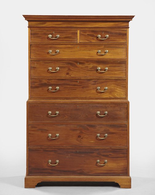 George III-Style Mahogany Chest-On-Chest,: George III-Style Mahogany Chest-On-Chest, the molded cornice about two short drawers over three graduated long drawers, the lower section fitted with three graduated long drawers, raised on bracket fe