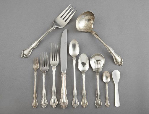 Wallace Silversmiths Sterling Silver Flatware Serv: Cased Seventy-Eight-Piece Wallace Silversmiths Sterling Silver Flatware Service, in the "George and Martha" pattern and made for the Westmoreland Sterling & Co, the pattern introduced in 1904 and was