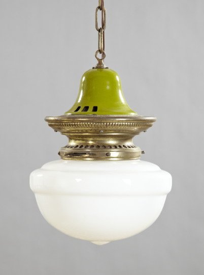 American Brass-Mounted Glass Pendant Light: American Brass-Mounted White Opal Glass Pendant Foyer Light, second quarter 20th century, the bell-form canopy of the shade in the period olive-green enamel, h. 15", dia. 12".