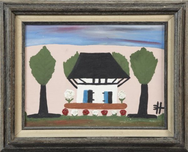 Clementine Hunter( American/Louisiana): Clementine Hunter( American/Louisiana, 1887-1988) "African House", oil on canvasboard, monogrammed lower right, 12" x 16". Presented in a polychromed hardwood frame.