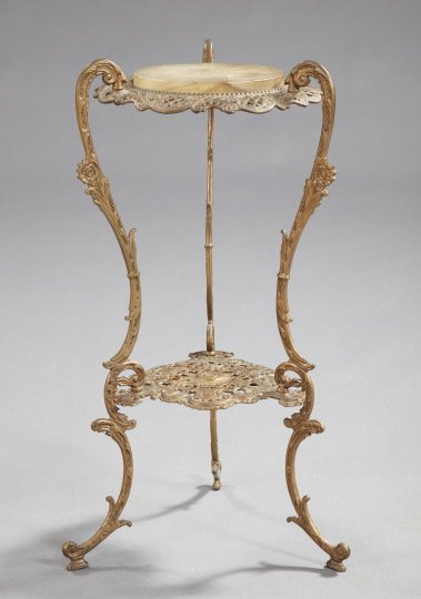 American Reticulated Gilt-Brass Salon Table,: American Reticulated Gilt-Brass Salon Table, fourth quarter 19th century, of circular, tiered tripodal form in the Neo-Rococo style, the center of the top an inset rondel of white alabaster, the whole