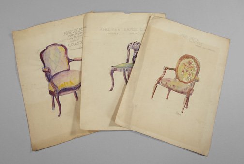 Rosalie Mildred Roos (American/New Orleans): Rosalie Mildred Roos (American/New Orleans, Newcomb College, 1899-1982) "Period Chair Studies", watercolor and pencil on paper, each identified upper center, signed lower right "Roos", 14" x 11". Unma