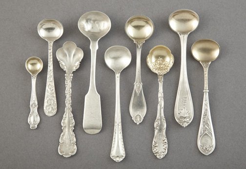 Approximately Fifty-Two Silver Salt Spoons: Collection of Approximately Fifty-Two Silver Salt Spoons, including a group of three by Tiffany and Company and another in the "Repousse" pattern by S. Kirk and Son, the largest l. 4".