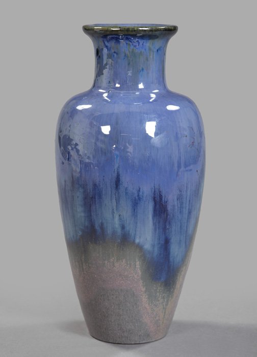 Large American Baluster-Form Art Pottery Vase: Large American Baluster-Form Art Pottery Vase, first quarter 20th century, in shaded gloss blue drip glaze over matte pewter and rose, attributed to the Fulper Pottery, unmarked, the base drilled for 