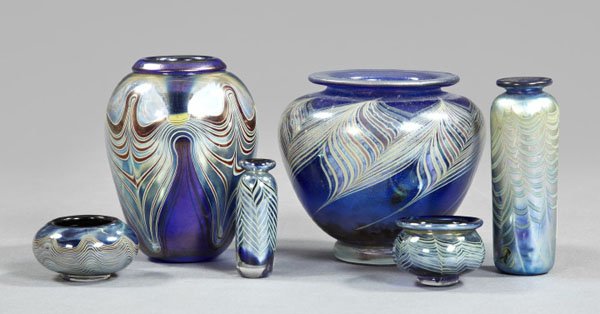 Good Six-Piece Collection of Studio Art Glass: Good Six-Piece Collection of Studio Art Glass, in the Art Nouveau style, comprised of five pieces by Charles V. Miner: an iridescent cobalt blue pyriform vase on a colorless glass disc foot, ca. 1989;