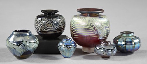 Fine Collection of Six Cabinet Vases,: Fine Collection of Six Cabinet Vases, consisting of five iridized studio glass cabinet vases by Charles Miner in the Art Nouveau style, comprised of a tiny silver/blue "Feather Comb-Up" pyriform examp