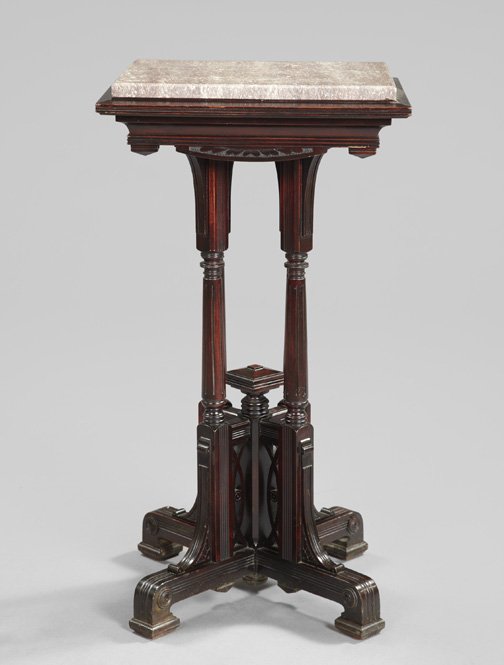 Aesthetic Movement Mahoganized Birch Stand,: Aesthetic Movement Mahoganized Birch Stand, fourth quarter 19th century, the square top with a molded edge and apron, raised on four reeded and fluted columnar supports joined by a low square finial o