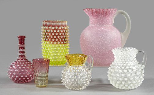 Six-Piece Collection of Art Glass,: Six-Piece Collection of Art Glass, consisting of an American white-spangled frosted pink lemonade pitcher with crimped lip and frosted loop handle, fourth quarter 19th century; an interesting four-pie