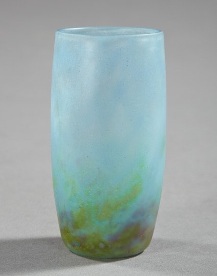 Daum, Nancy, Spangled Glass Vase: Fine Daum, Nancy, Blown and Satine Spangled Glass Vase, first quarter 20th century, of cylindrical form in pale blue, vieux rose and green, with engraved signature at the basal edge "Daum/Cross of Lor