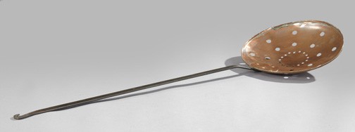 French Long-Handled Copper Skimmer,: French Long-Handled Copper Skimmer, first quarter 20th century, the circular pierced bowl fitted with a long wrought-iron handle, dia. 14", l. 44".