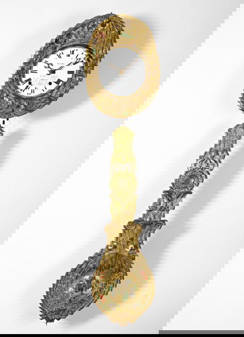 French Provincial Brass Morbier Wall Clock,: French Provincial Brass Morbier Wall Clock, third quarter 19th century, the circular dial of white enamel with black Roman chapters and signed "Renen/a Roanne", the traditional large embossed gilded a