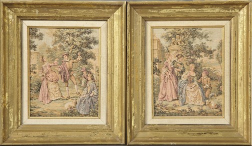 Franco-Belgian Machine-Woven Tapestry Panels: Pair of Franco-Belgian Machine-Woven Tapestry Panels, first quarter 20th century, in the 16th- and 18th-century styles, respectively, both panels feature aristocrat figures at play in a chateau park, 