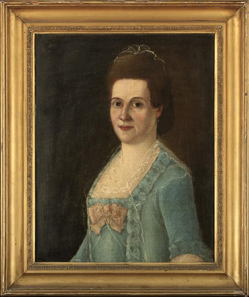 Continental School (Fourth Quarter 19th Century): Continental School (Fourth Quarter 19th Century) "Portrait of a Lady in a Blue Dress and Lace Shawl", oil on canvas, unsigned, 24-1/4" x 18-1/2". Presented in a period deep giltwood frame.