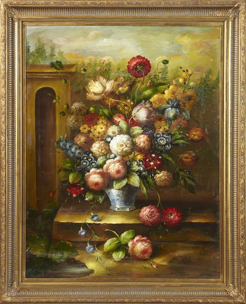 Follower of Jan Van Huysum (Dutch, 1682-1749): Follower of Jan Van Huysum (Dutch, 1682-1749) "Floral Still Life on a Stone Plinth in a Garden Landscape", oil on canvas, unsigned, fourth quarter 20th century, 48" x 36". Presented in a giltwood and 