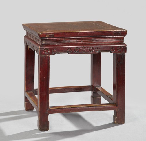 Tao Kuang Carved Mahogany Chairside Table,: Tao Kuang Carved Mahogany Chairside Table, second quarter 19th century, of square form in the Ming style, the aprons bas-relief-carved with highly stylized clouds and bats, the K'ang-footed legs joine