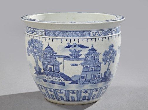 Kuang Hsu Blue and White Porcelain Tree Tub,: Kuang Hsu Blue and White Porcelain Tree Tub, first quarter 20th century, of large size in "Lakeside Village and Island" decor, h. 12-1/2", dia. 15-3/4".