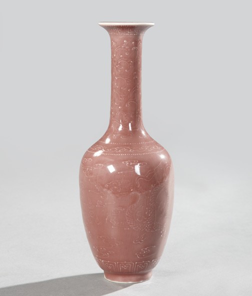Kuang Hsu Porcelain Tall-Neck Vase: Elegant Kuang Hsu Mulberry-Glazed Porcelain Tall-Neck Vase, fourth quarter 19th century, of baluster form with underglaze white "Celestial Dragon" decoration, the base signed in underglaze blue callig