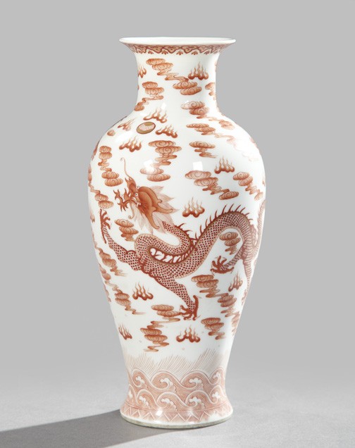 Tao Kuang Porcelain Vase: Tao Kuang Rouge de Fer-Decorated White Porcelain Vase, second quarter 19th century, of baluster form in "Celestial Dragons and The Flaming Pearl in Clouds" decor, the base signed in overglaze rouge de