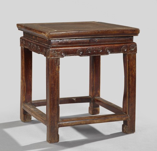 Tao Kuang Carved Mahogany Chairside Table,: Tao Kuang Carved Mahogany Chairside Table, second quarter 19th century, of square form in the Ming style, the bas-relief-carved aprons with highly stylized clouds and bats, the K'ang-footed legs joine