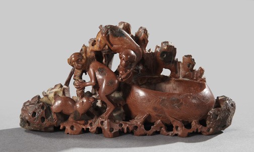 Kuang Hsu Soapstone Scholar's Desk Rinser: Kuang Hsu Elaborately Carved and Russet-Stained Soapstone Scholar's Desk Rinser, in the form of a pair of marauding monkeys and a dog gambling around an oval fountain bowl, h. 3-1/2", w. 7", d. 1-1/2"