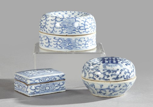 Three-Piece Group of Blue and White Porcelain: Three-Piece Group of Blue and White Porcelain, consisting of an unusual Tao Kuang circular sponge box with a "doughnut" cover, second quarter 19th century; another circular soap box emblazoned with a 
